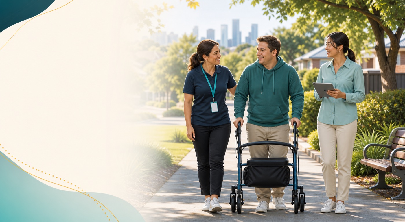Support worker, participant and allied health professional walking together in the community